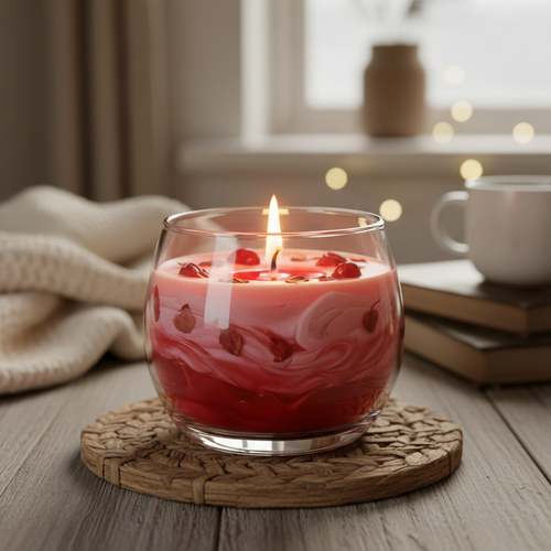 Cherry scented homemade candle in a glass jar
