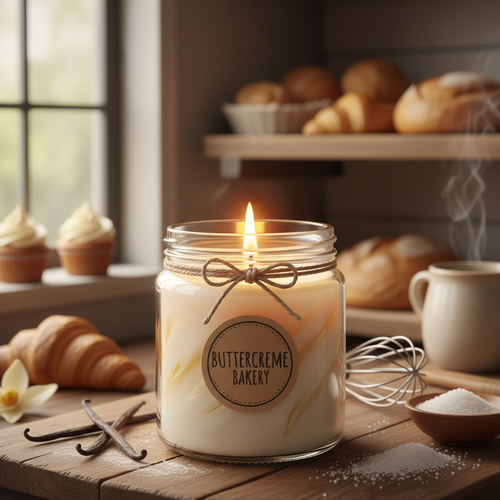 Buttercreme scented homemade candle in a glass jar