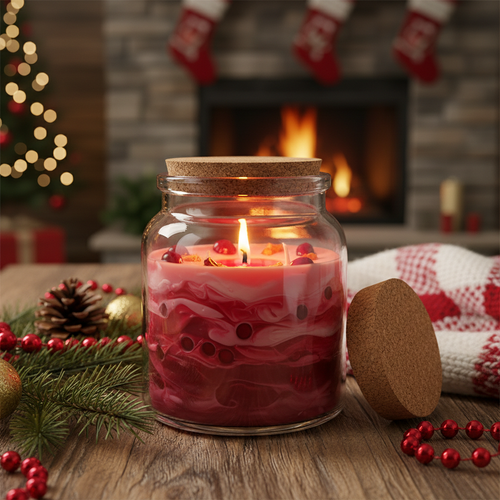 Cranberry scented homemade candle in a glass jar