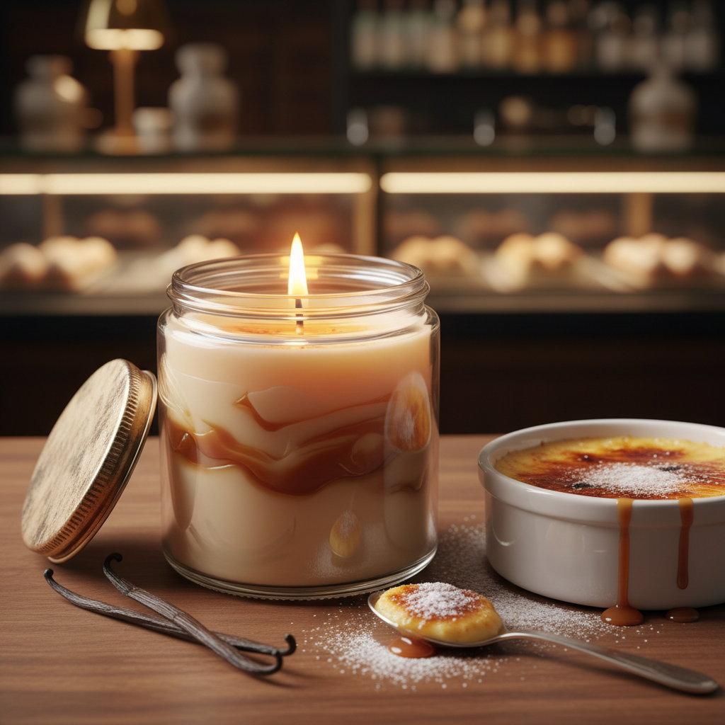 Creme brulee scented homemade candle in a glass jar