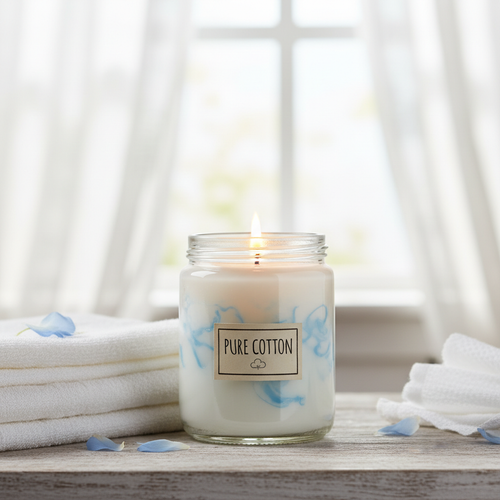 Clean cotton scented homemade candle in a glass jar