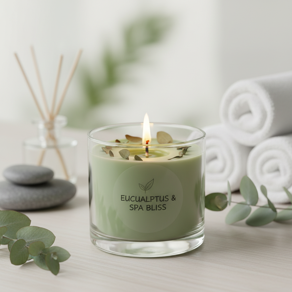 Eucalyptus scented homemade candle in a glass jar