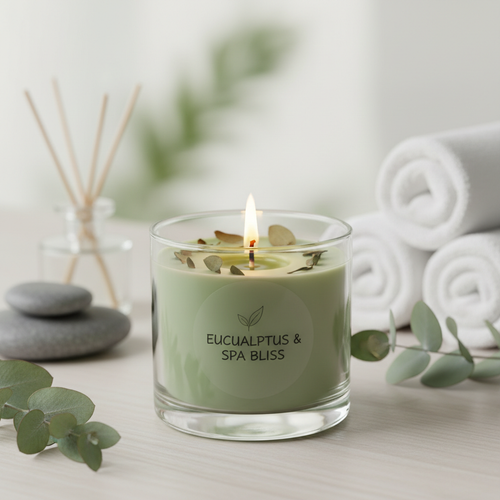 Eucalyptus scented homemade candle in a glass jar