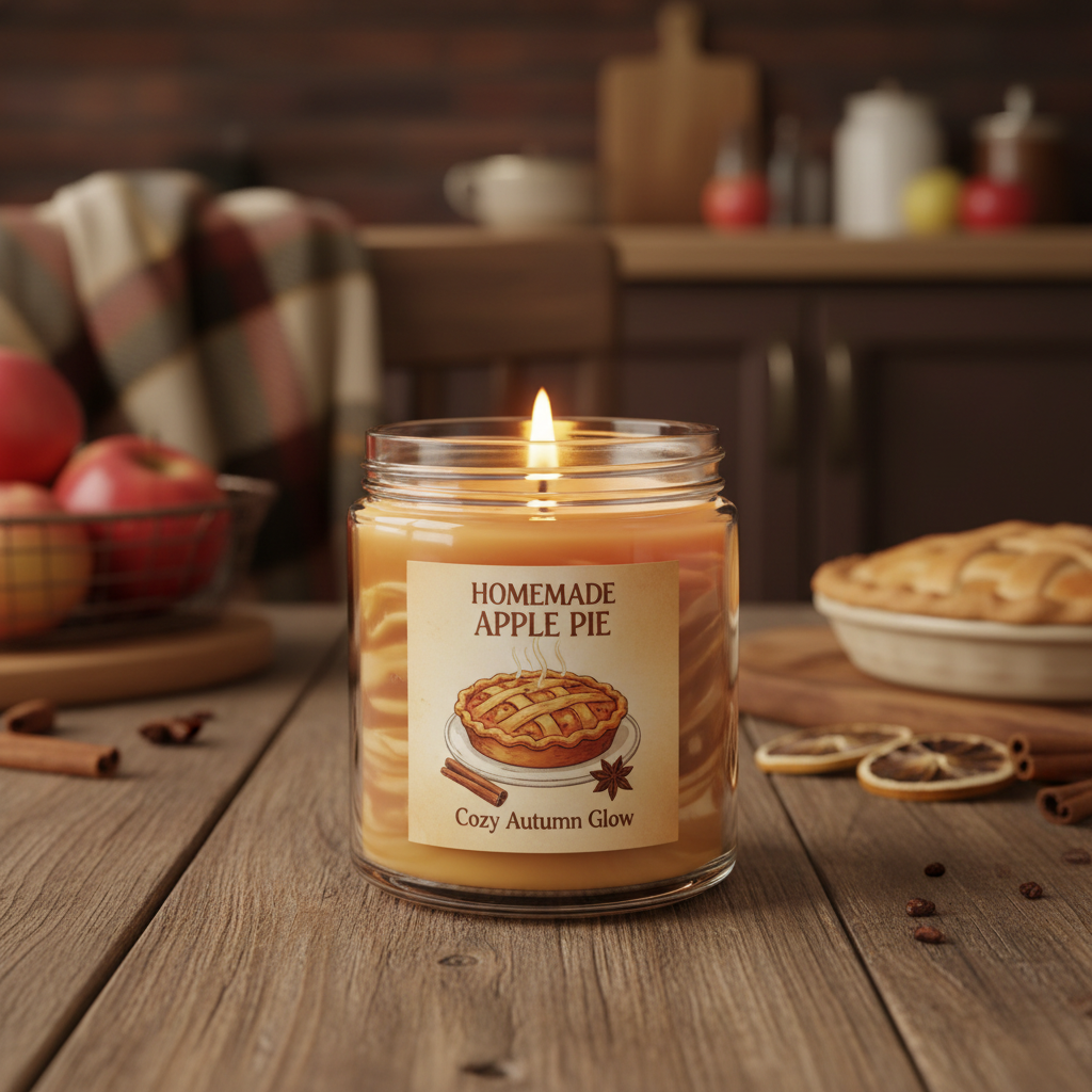 Hot baked apple pie scented homemade candle in a glass jar
